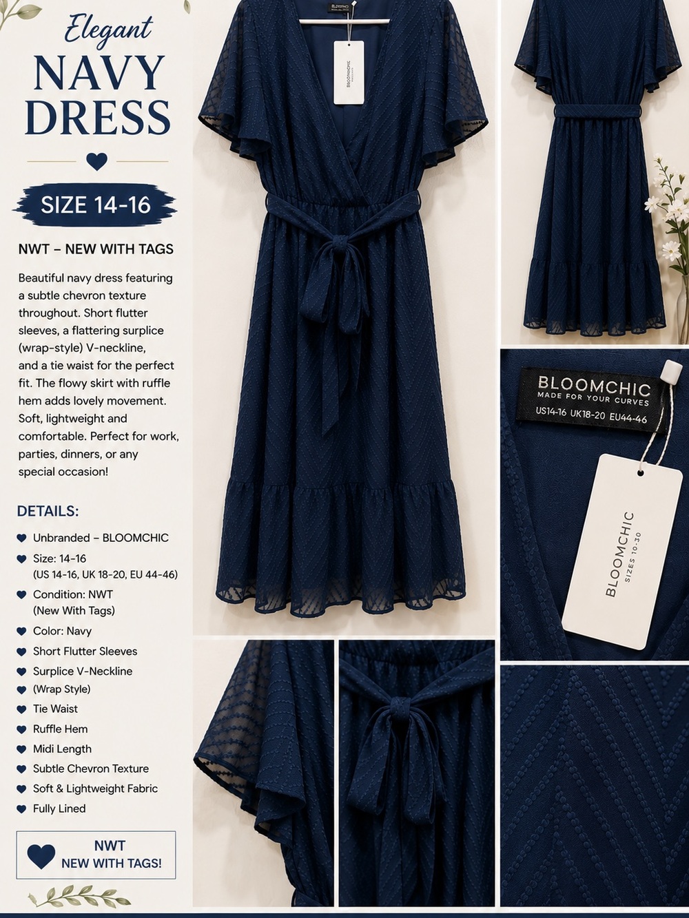 BloomChic Navy Wrap Dress with Tie Waist and Flutter Sleeves